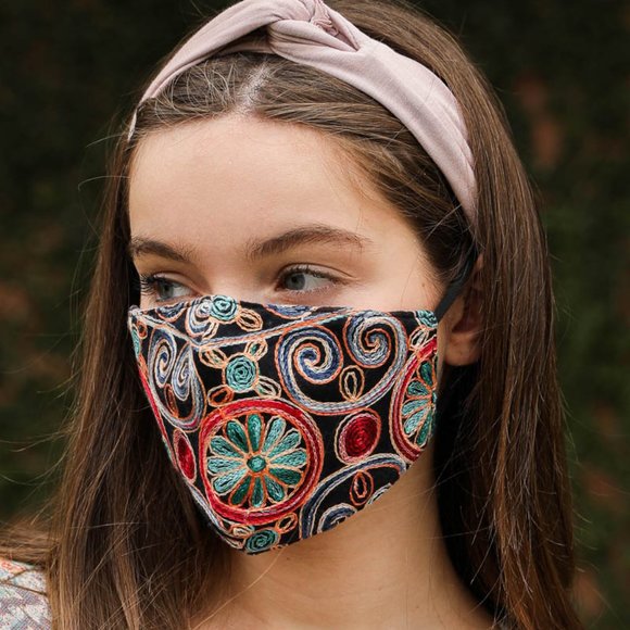 Bohemian Face Mask Embroidered Flowers Reusable - Picture 1 of 4